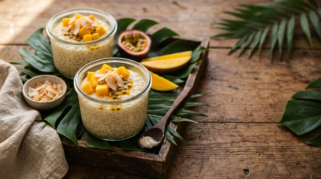 Two delicious glasses of tapioca pudding topped with fresh mango and passion fruit served on a wooden tray with tropical leaves