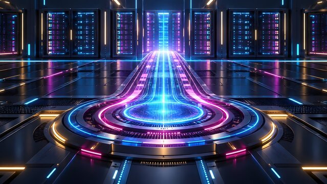 Symmetrical futuristic server room with glowing neon floor pathways leading to a central mainframe illustrating core computing infrastructure and centralized data processing