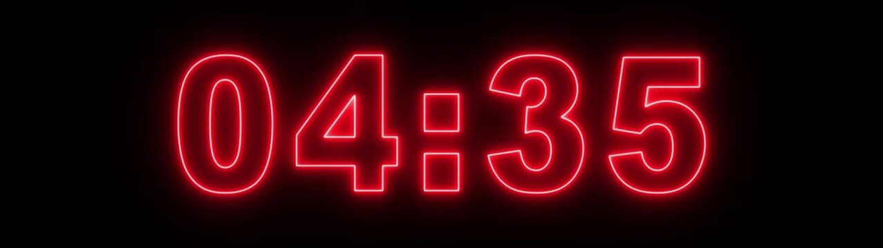 glowing neon 5 minute Countdown. neon 5 to 0 minute Countdown timer on black background . animation from 300 seconds to 0 seconds. 5 minute countdown timer on a black background. 4k video