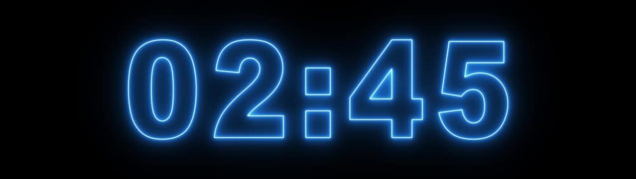 glowing neon 3 minute Countdown timer. neon 3 to 0 minute Countdown timer on black background. transparent background with alpha channels, 3 minutes countdown timer animation, countdown video.