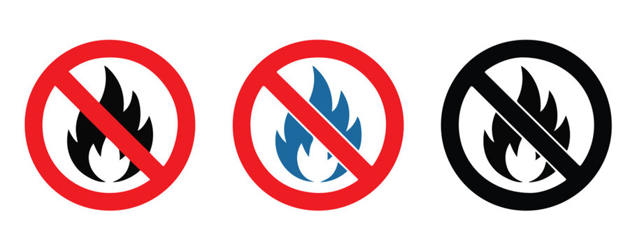 No open fire forbidden warning sign set with red circular slash and black blue flames for safety notice.
