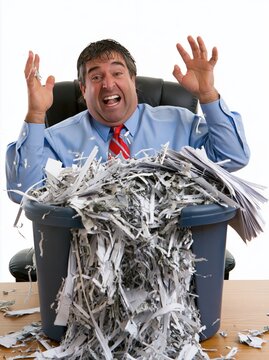 Stressed businessman screaming behind a bin of shredded paper