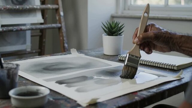 Dipping brush into gray wash, artist's hand painting tonal tests on taped paper
