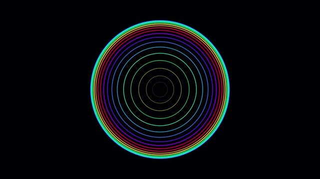 Glowing neon rainbow circles expanding infinitely in mesmerizing motion vector loop animation against dark background footage