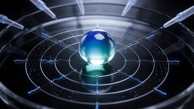 Powering nodes energizing rings on lab bench, forming micro-arcs lighting droplet by pipette tips