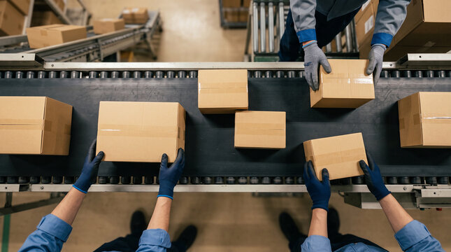 顔の写らない構図で捉えたベルトコンベアでの荷物の仕分けのシーン：EC時代を支える自動化物流センター