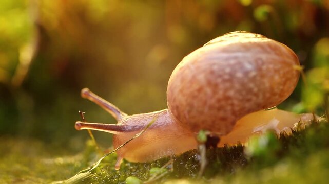 Slow motion of small snail moving through wet lush green moss in forest during beautiful golden hour light.