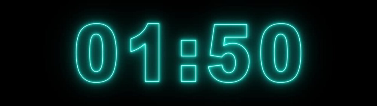 glowing neon 2 minute Countdown.  neon Countdown timer from 2 minute to 0 seconds suitable for presentations, educational 2 minute countdown timer on a black background. 4k video