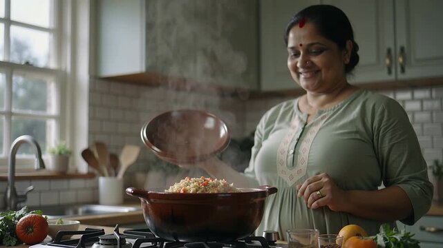 Reaching Indian woman in green kurta lifting pot lid on kitchen stove, revealing rice to serve