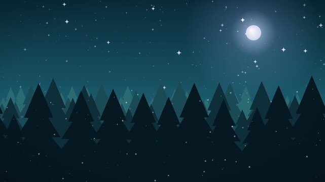 Serene night sky with a full moon shining over a dark pine forest silhouette, stars twinkling above