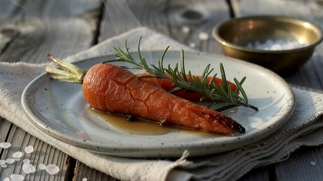 Releasing steam after roasting roasted carrot sitting on ceramic plate with glaze and rosemary