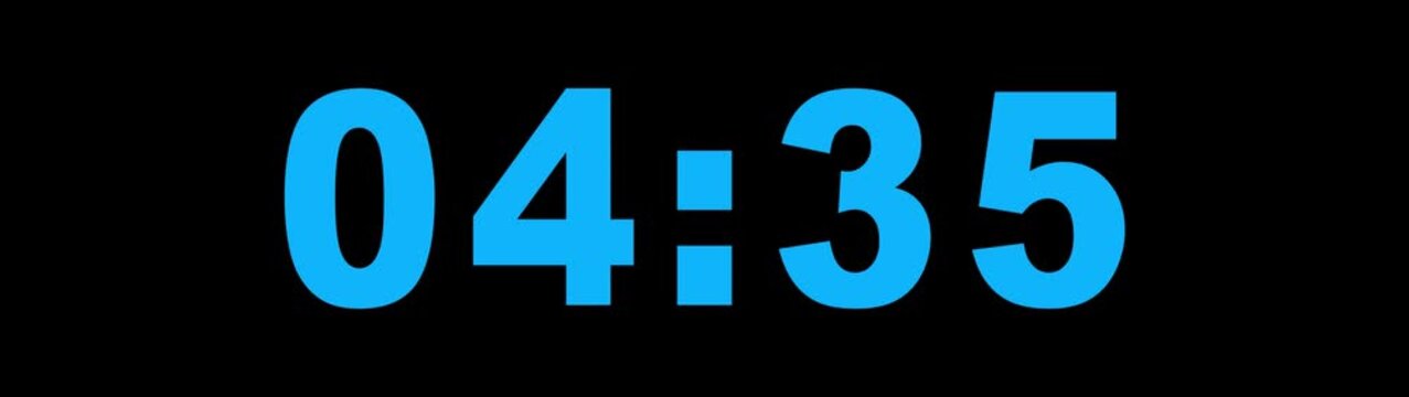 Countdown Digital Clock Animation 5 minute to 0 second on black background. Countdown clock timer. Countdown timer from 5 minute to 0 second suitable for presentations, educational.