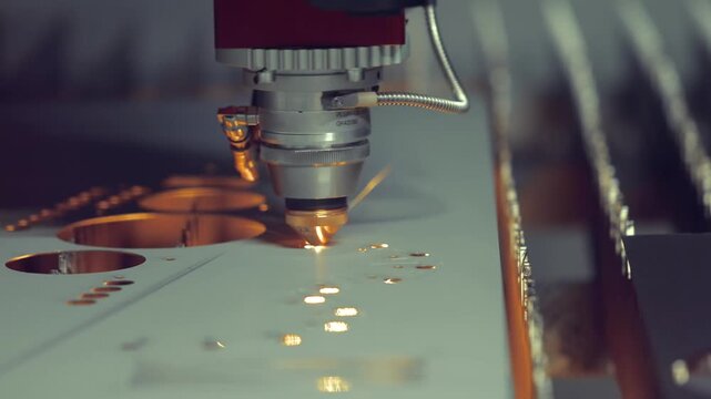 Industrial laser cutting machine processing metal sheet with sparks and glowing light for precision engineering manufacturing.