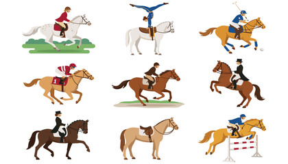 Fototapeta premium Equestrian sport rider action vector set. Horseback, polo, dressage, vaulting, show jumping, racing and jockey.