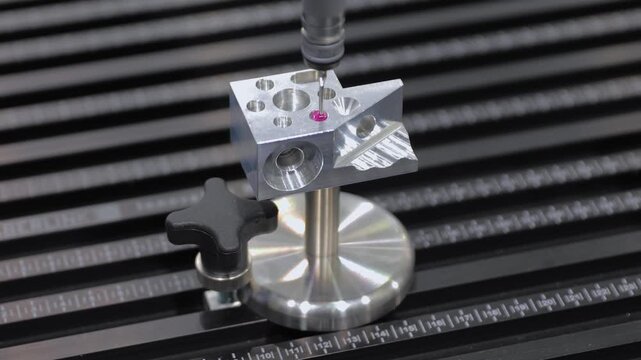 Automated coordinate measuring machine checking dimensions of precision engineered metal part.