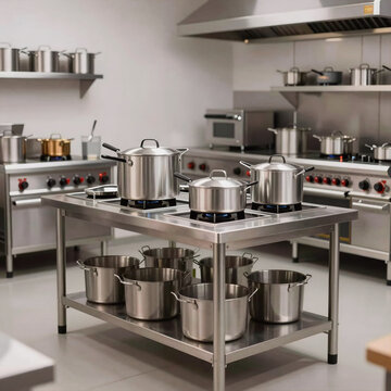 Kawaii Kitchen Organized. Professional Kitchen Design For Restaurant/Cafe, Featuring Metal Table And Equipment