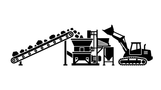 Industrial rock crushing and sorting plant with excavator and conveyor belt.