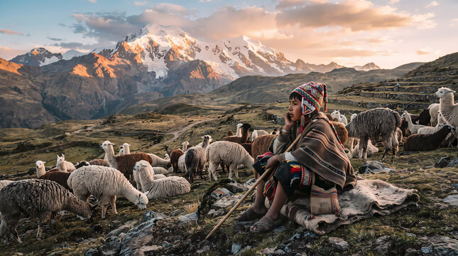 Andean shepherd child with llamas in the mountains landscape