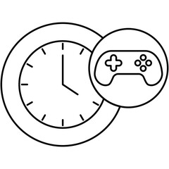 Line art style icon illustration of a clock with game controller gamepad icon isolated on transparent background. Minimalist thin line element for game time UI. © Ageng Arifian