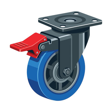 Industrial Swivel Caster Wheel with Red Total Locking Brake, Blue Polyurethane Wheel for Carts and Trolleys, Isolated Vector Illustration