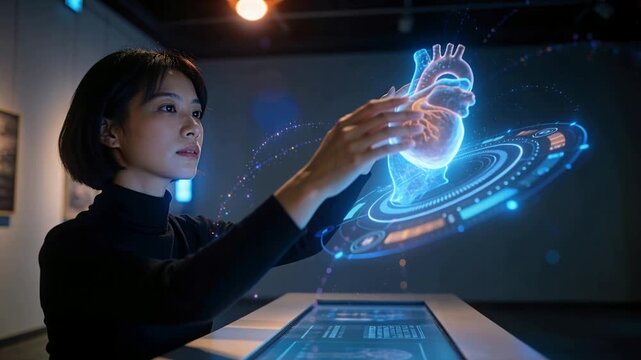 Raising hands Asian woman in turtleneck manipulating hologram heart on table, inspecting arteries
