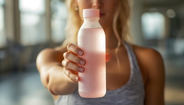 Close-Up View of Fit Woman Offering Pink Water Bottle Toward Camera
