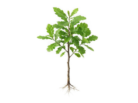 Young oak tree with roots isolated on transparent