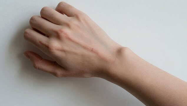 Close up view of a human hand and forearm with visible red skin irritation and scratch marks on the back of the hand against a plain white background
