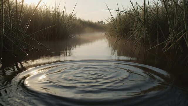 Flying small bird spotting yellow float, diving into marsh channel, creating ripples
