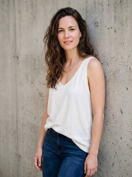 Portrait of Smiling Woman Wearing White Tank Top Standing Against Concrete Wall