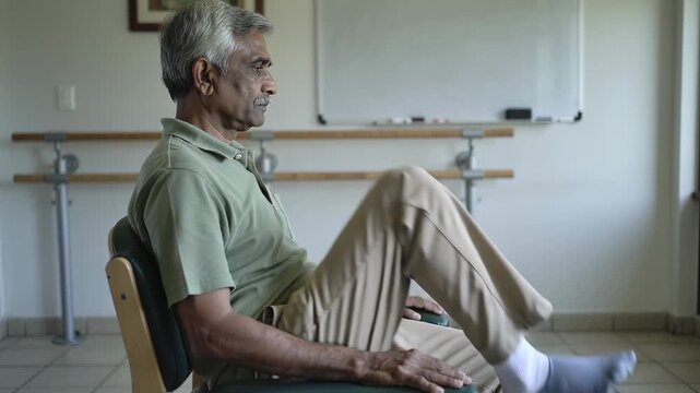 Lifting senior man wearing sage polo repeating right leg extensions in therapy room, padded chair
