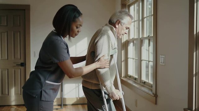 Placing hands aide in scrubs steadying man shifting onto forearm crutch to window in hall, sweater