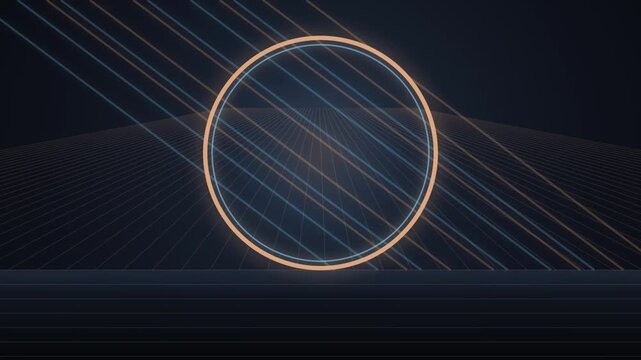 Glowing Neon Circle Logo Reveal Template with Digital Grid Lines and Light Rays in Dark Space Vibe