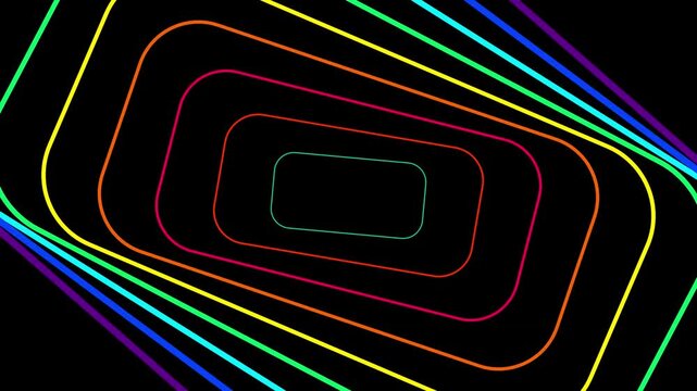 Neon colorful glowing rounded rectangle tunnel moving forward animation background stock footage clip