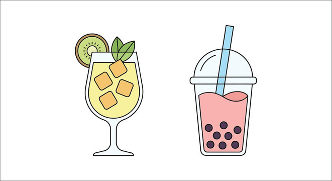 Two beverage illustrations a cocktail and bubble tea presented in a colorful vector style bubbletea
