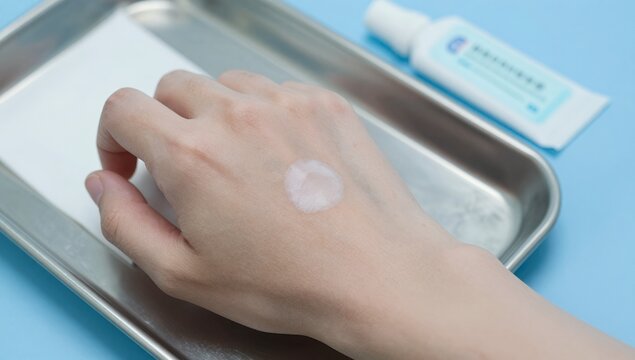 Close-up of a person s hand with a dollop of white cosmetic cream applied on the back of the hand during a clinical skincare treatment in a professional dermatological clinic setting
