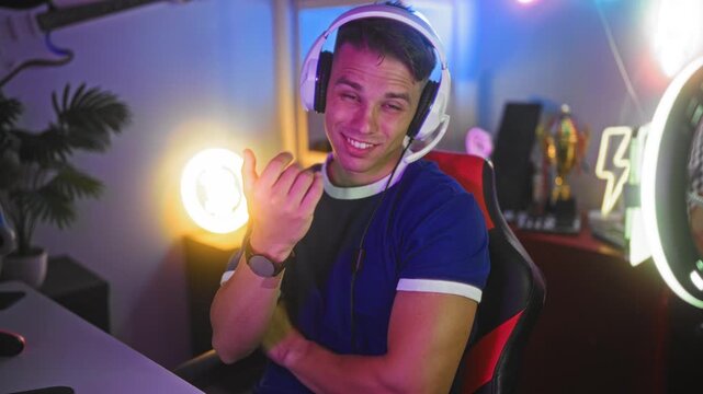 Man with headset beckons with hand and smiles, gaming chair and neon light visible in studio; playful confidence.