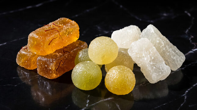 Assorted traditional crystallized Agra petha sweets illuminated on a premium black marble surface.