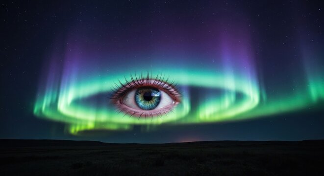 A human eye, seemingly colossal, is nestled within a vibrant aurora borealis arc over a dark, flat landscape under a starlit sky