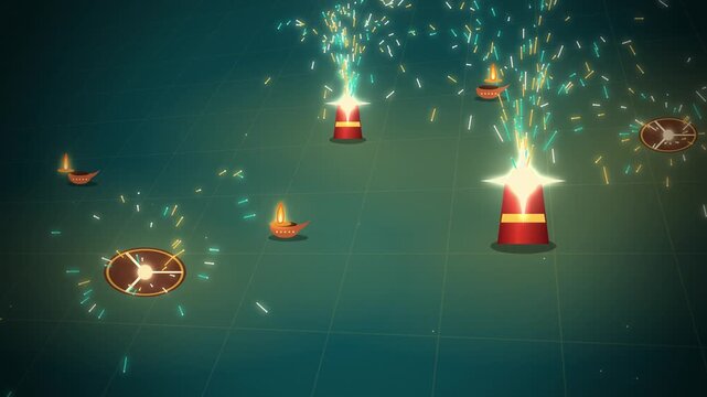 Diwali sparkler fountains and ground spinners on teal seamless loop