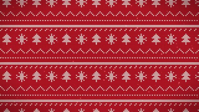 Seamless knitted Christmas pattern with white trees and snowflakes on red background