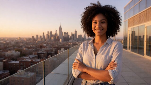 Confident young African American woman smiling with arms crossed on a modern rooftop balcony overlooking a sprawling city skyline during a beautiful golden hour sunset
