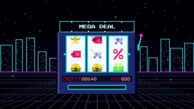 Cyber Monday retro pixel-art slot machine spinning reels, neon city background, arcade gaming style