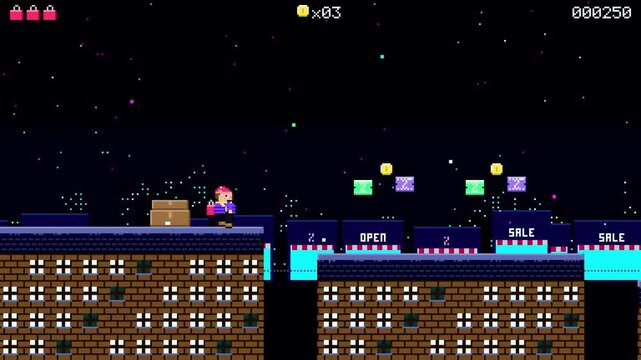 Cyber Monday pixel art platformer character jumping across neon rooftops, retro arcade style