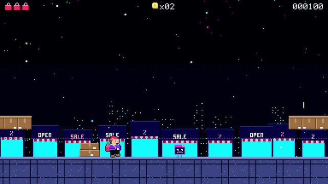 Retro pixel art platform game, shopper jumping obstacles in neon Cyber Monday world
