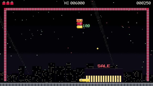 Retro brick breaker arcade game transitioning to a Black Friday celebration, pixel art