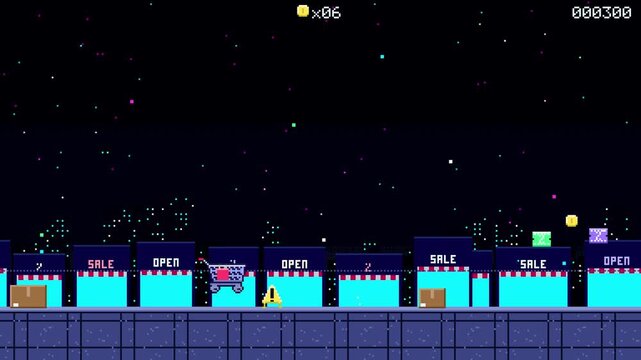 Retro pixel-art shopping cart jumping obstacles in a neon cyber world game
