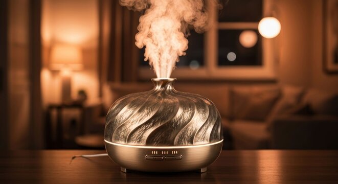 A metallic, wave-patterned aroma diffuser emits steam in a dimly lit room