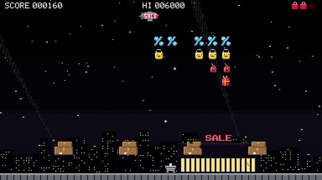 Black Friday retro pixel arcade game, shopping cart cannon, city lights, discount celebration.