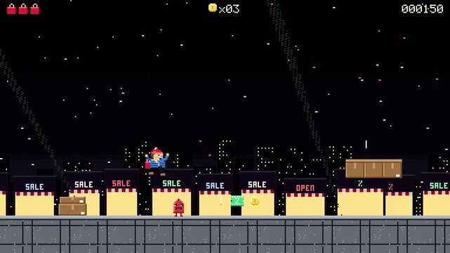 Black Friday pixel game, shopper navigating challenges, title text appears, night city sales